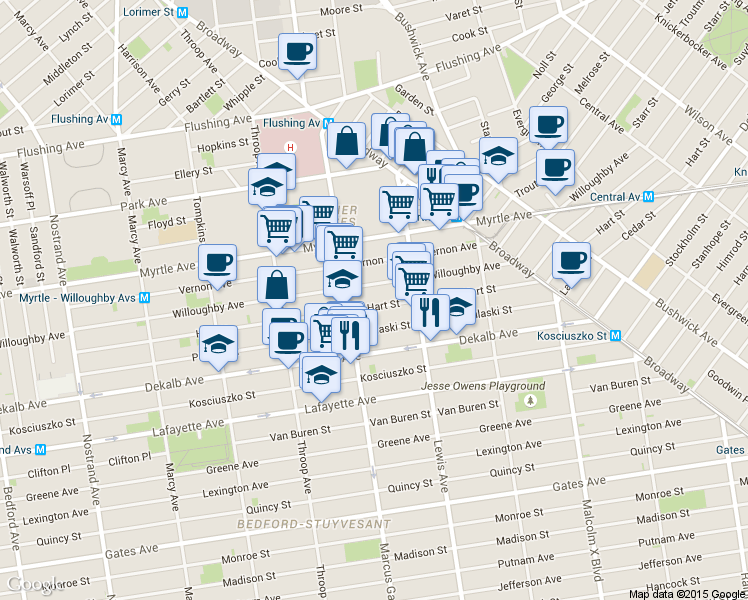 map of restaurants, bars, coffee shops, grocery stores, and more near 734 Willoughby Avenue in Brooklyn