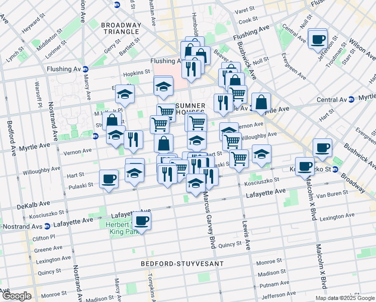 map of restaurants, bars, coffee shops, grocery stores, and more near 701 Willoughby Avenue in Brooklyn