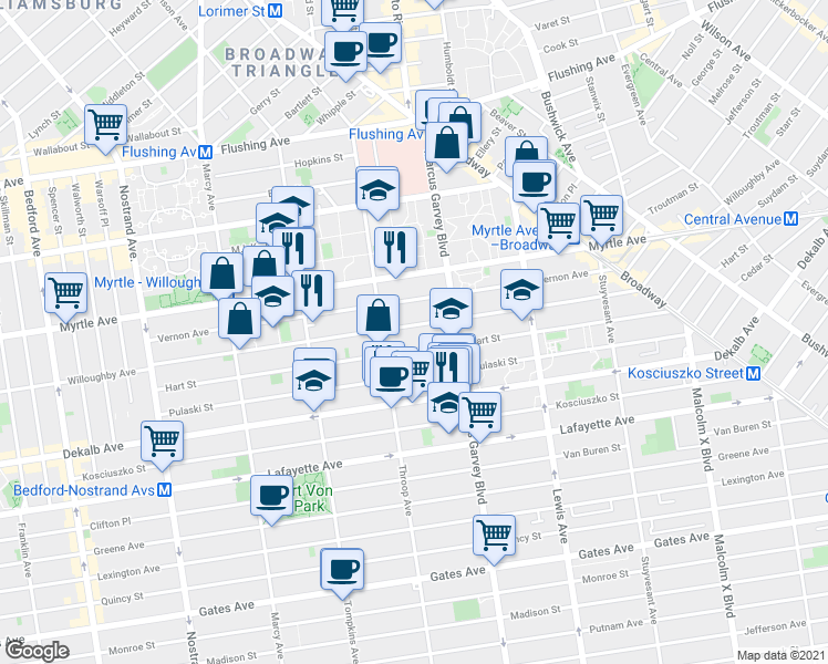 map of restaurants, bars, coffee shops, grocery stores, and more near 671 Willoughby Avenue in Brooklyn