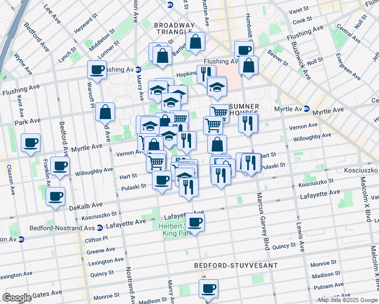 map of restaurants, bars, coffee shops, grocery stores, and more near 160 Vernon Avenue in Brooklyn