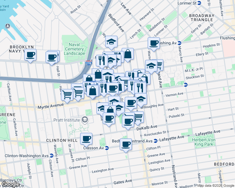 map of restaurants, bars, coffee shops, grocery stores, and more near 853 Kent Avenue in Brooklyn