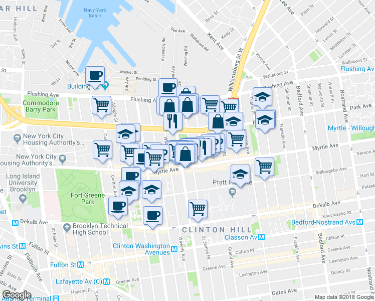 map of restaurants, bars, coffee shops, grocery stores, and more near 90 Hall Street in Brooklyn