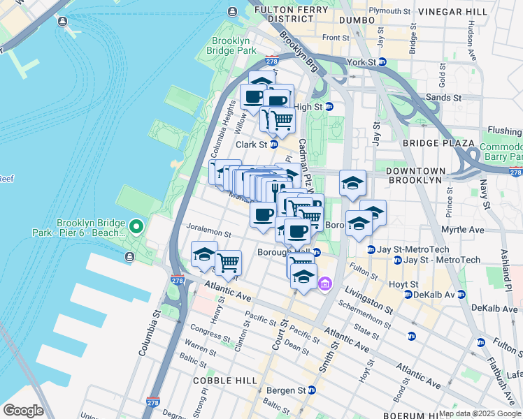 map of restaurants, bars, coffee shops, grocery stores, and more near 130 Montague Street in Brooklyn