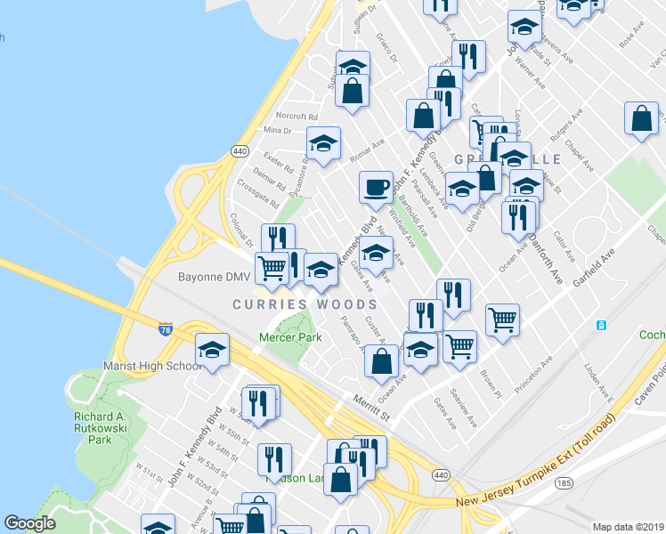 map of restaurants, bars, coffee shops, grocery stores, and more near in Jersey City