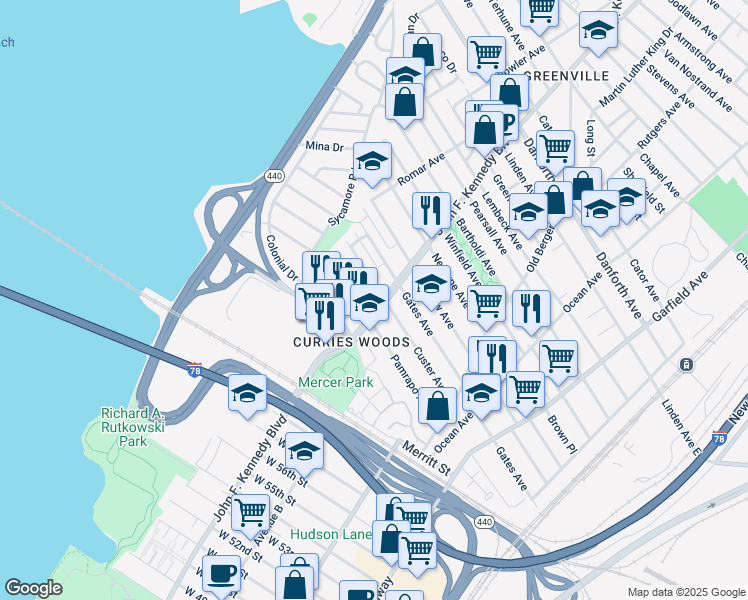 map of restaurants, bars, coffee shops, grocery stores, and more near in Jersey City