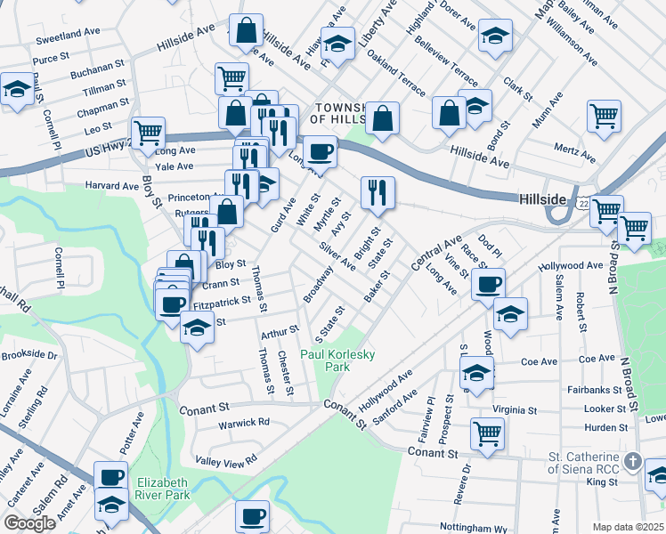 map of restaurants, bars, coffee shops, grocery stores, and more near in Hillside