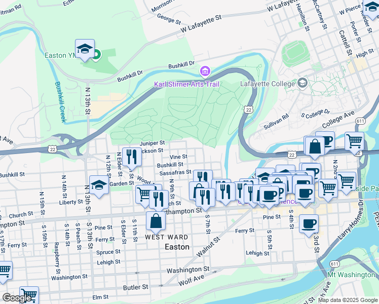 map of restaurants, bars, coffee shops, grocery stores, and more near 711 Jackson Street in Easton