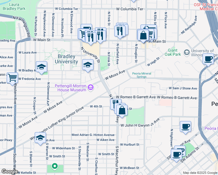 map of restaurants, bars, coffee shops, grocery stores, and more near 1006 West Moss Avenue in Peoria