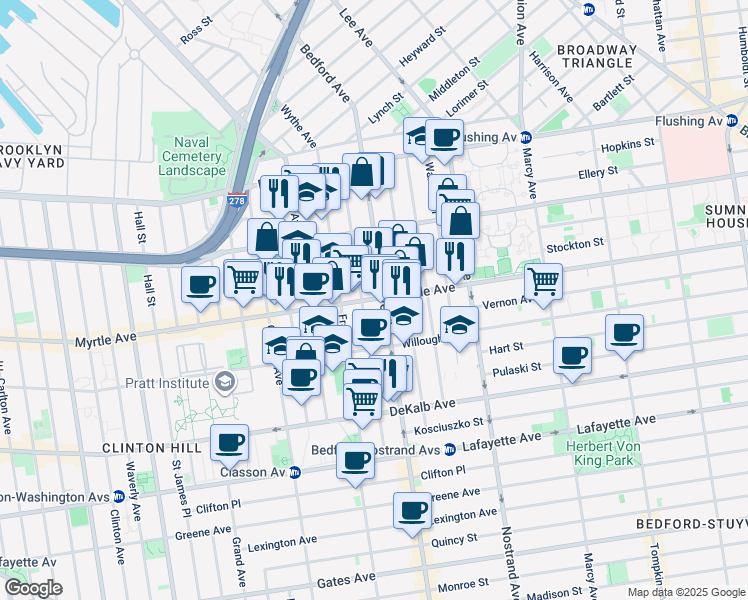 map of restaurants, bars, coffee shops, grocery stores, and more near 165 Erasmus Street in Brooklyn