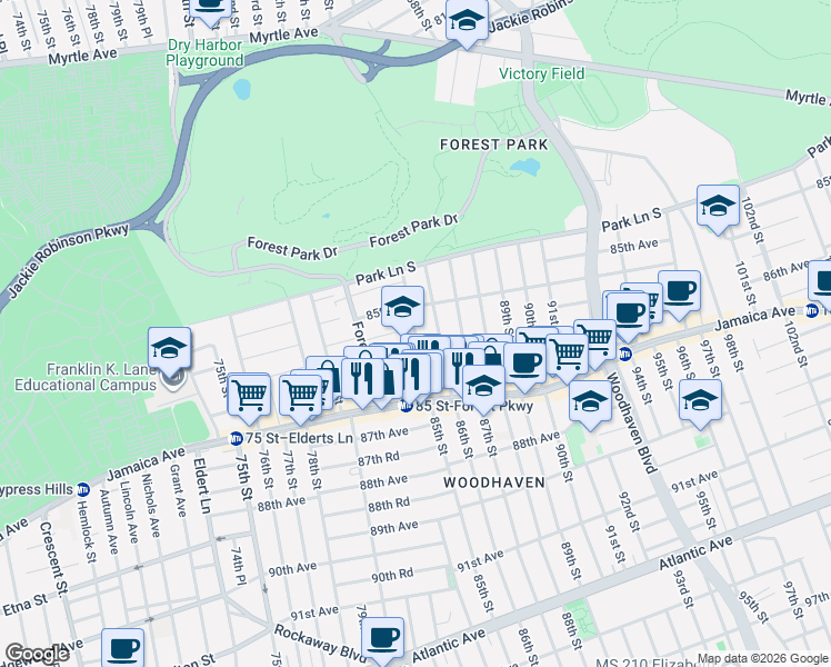 map of restaurants, bars, coffee shops, grocery stores, and more near 84-50 85th Road in Queens