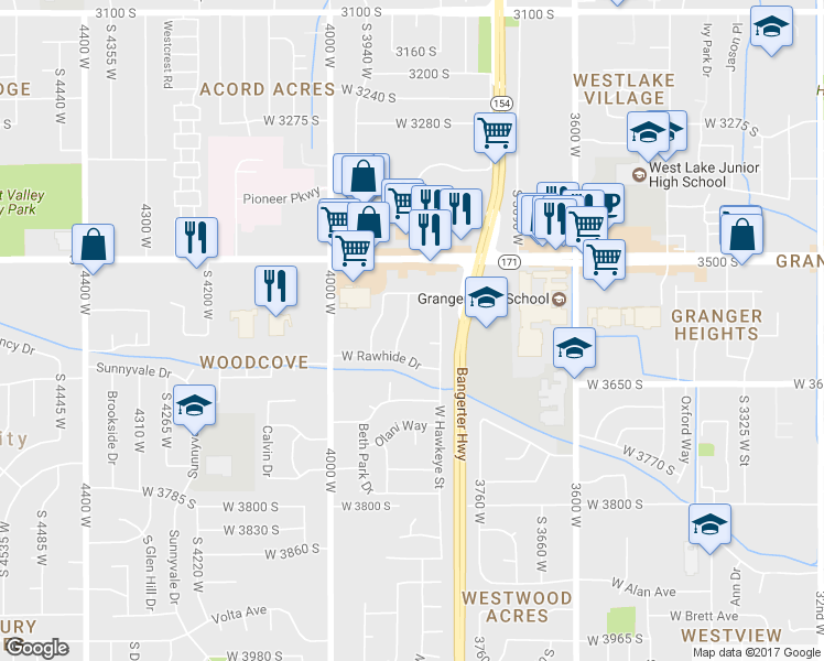 map of restaurants, bars, coffee shops, grocery stores, and more near 3587 South Blackhawk Drive in West Valley City