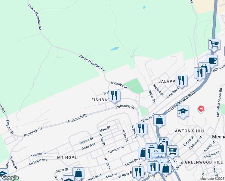 map of restaurants, bars, coffee shops, grocery stores, and more near 224 Wallace Street in Pottsville