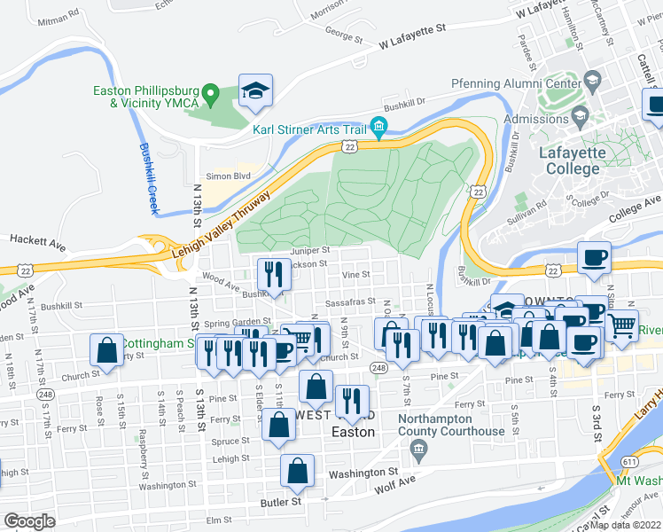 map of restaurants, bars, coffee shops, grocery stores, and more near 910 Jackson Street in Easton