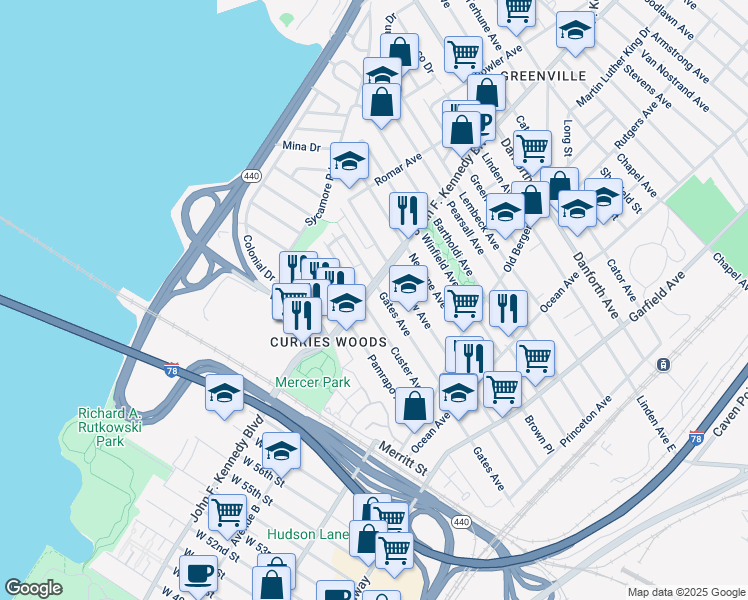 map of restaurants, bars, coffee shops, grocery stores, and more near in Jersey City