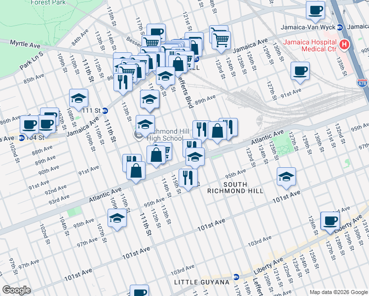 map of restaurants, bars, coffee shops, grocery stores, and more near in Queens