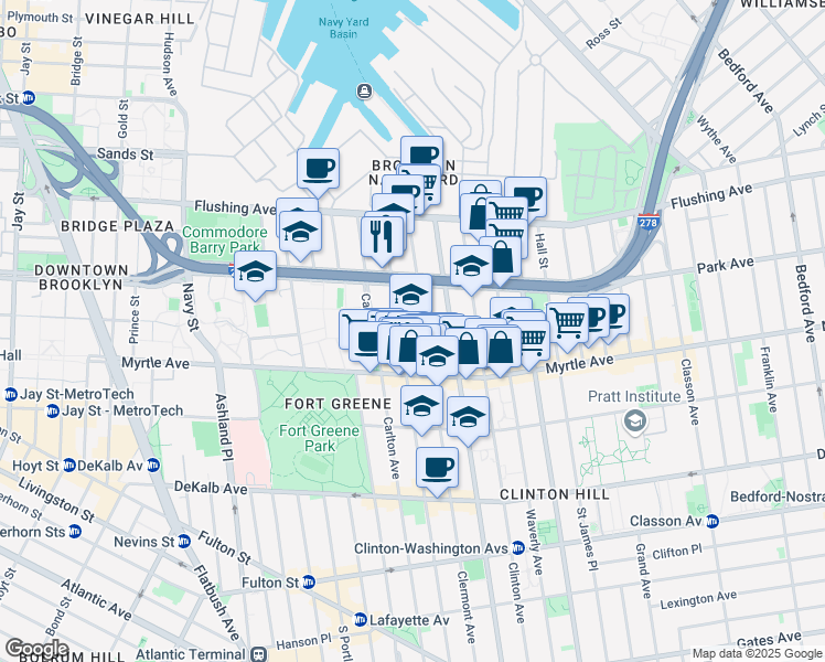 map of restaurants, bars, coffee shops, grocery stores, and more near 100 Clermont Avenue in Brooklyn