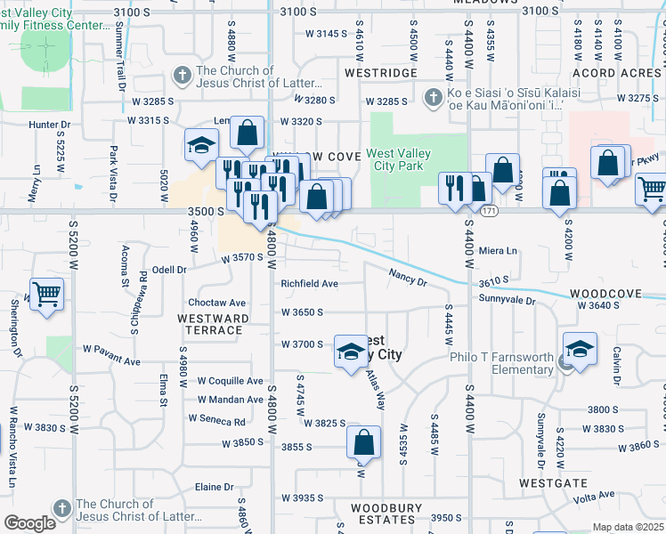 map of restaurants, bars, coffee shops, grocery stores, and more near 4655 Valley Villa Drive in West Valley City