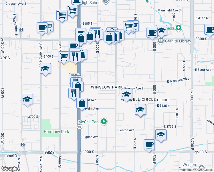 map of restaurants, bars, coffee shops, grocery stores, and more near 268 Millpoint Place in South Salt Lake