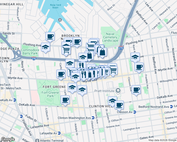 map of restaurants, bars, coffee shops, grocery stores, and more near 89 Waverly Avenue in Brooklyn