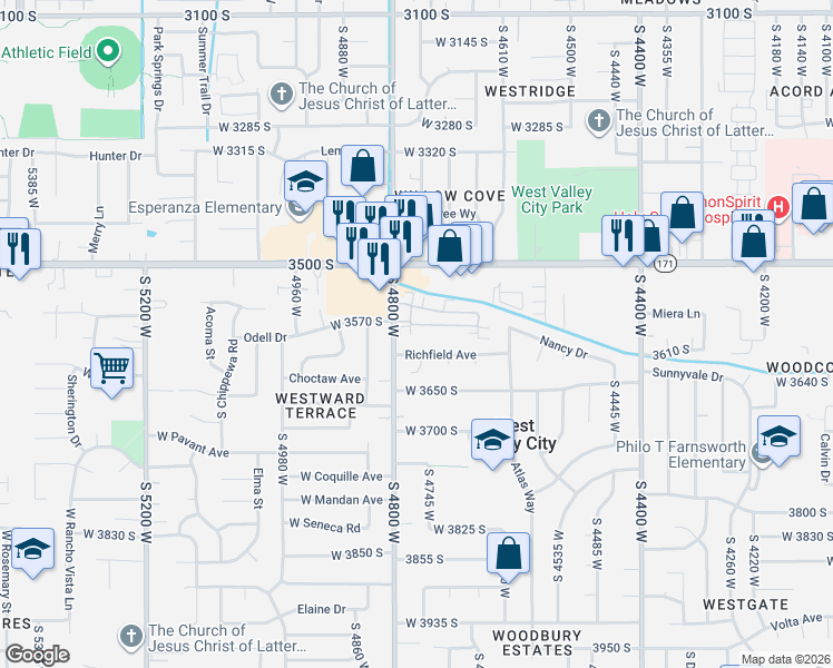 map of restaurants, bars, coffee shops, grocery stores, and more near 4759 Valley Villa Drive in West Valley City
