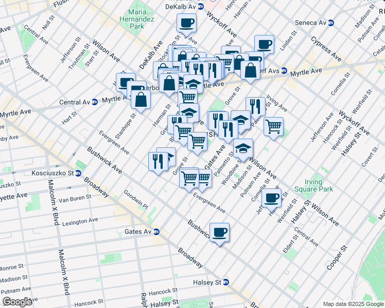 map of restaurants, bars, coffee shops, grocery stores, and more near Central Avenue in Brooklyn
