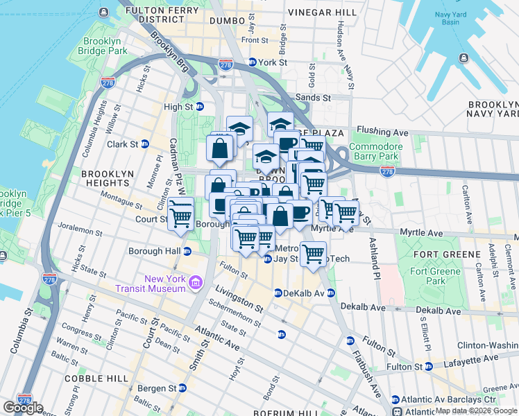 map of restaurants, bars, coffee shops, grocery stores, and more near 6 MetroTech Center in Brooklyn