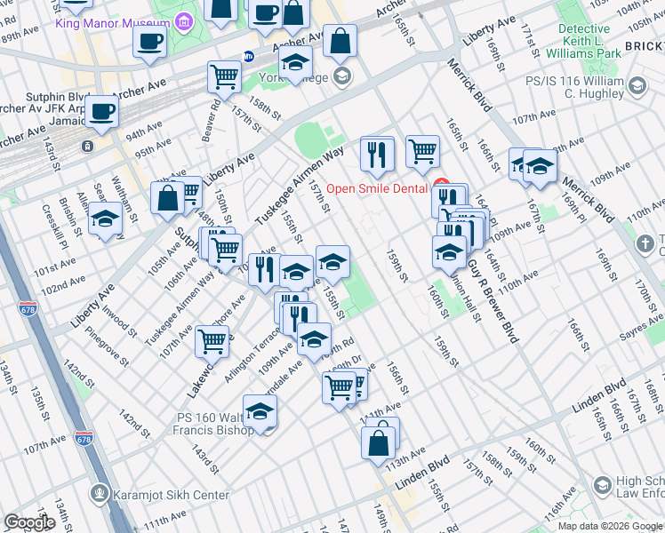map of restaurants, bars, coffee shops, grocery stores, and more near 10734 156th Street in Queens