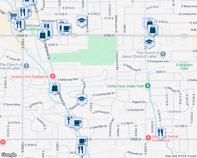 map of restaurants, bars, coffee shops, grocery stores, and more near 1762 East Millcreek Way in Salt Lake City