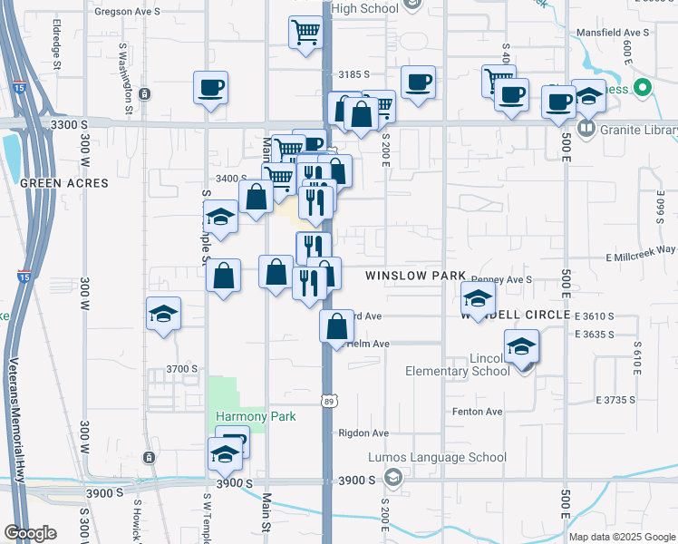 map of restaurants, bars, coffee shops, grocery stores, and more near 3535 South State Street in Salt Lake City