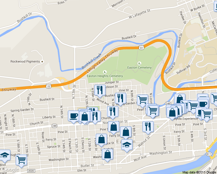 map of restaurants, bars, coffee shops, grocery stores, and more near Jackson Street in Easton