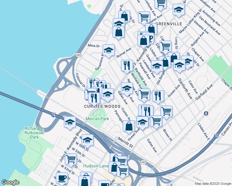 map of restaurants, bars, coffee shops, grocery stores, and more near in Jersey City