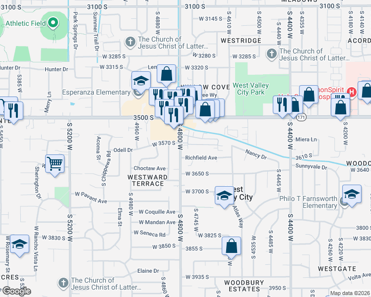 map of restaurants, bars, coffee shops, grocery stores, and more near 4789 Valley Villa Drive in West Valley City