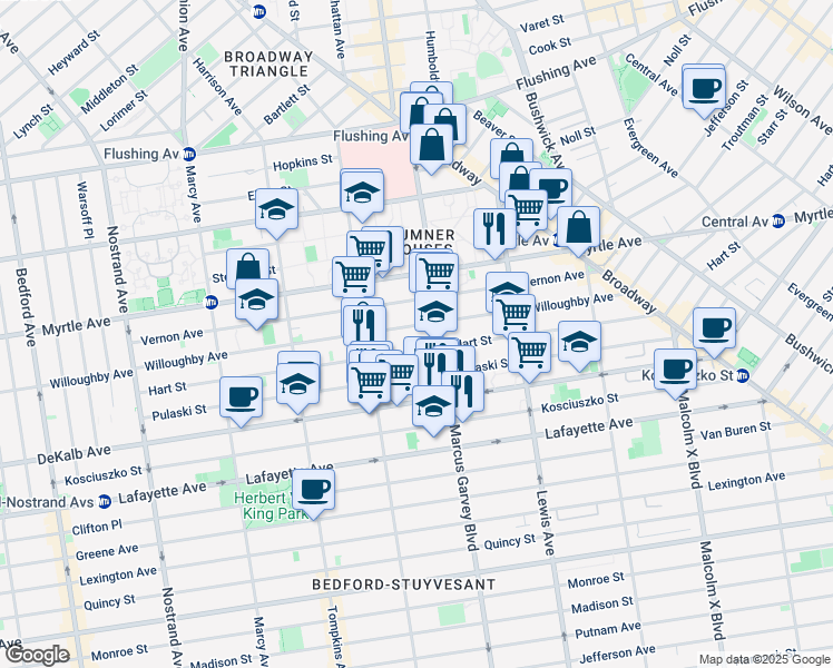map of restaurants, bars, coffee shops, grocery stores, and more near 701 Willoughby Avenue in Brooklyn