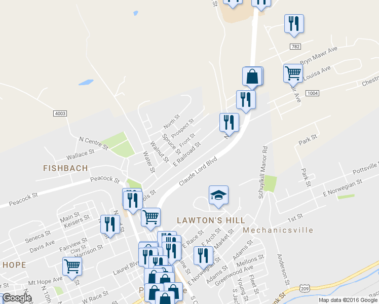map of restaurants, bars, coffee shops, grocery stores, and more near 418 E Railroad St in Pottsville