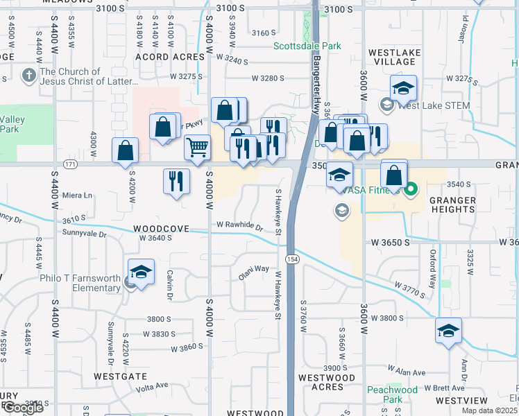 map of restaurants, bars, coffee shops, grocery stores, and more near 3587 South Blackhawk Drive in West Valley City
