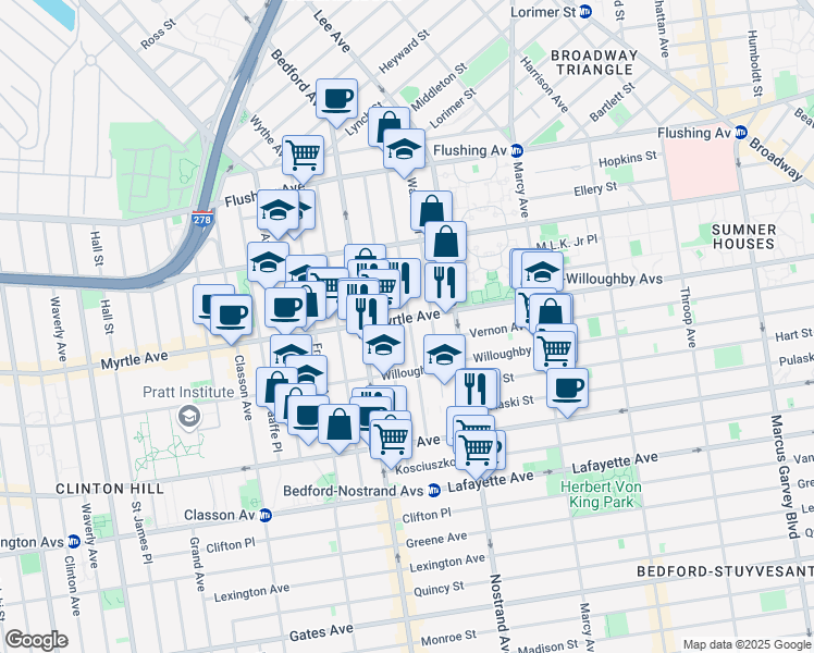 map of restaurants, bars, coffee shops, grocery stores, and more near 711B Myrtle Avenue in Brooklyn