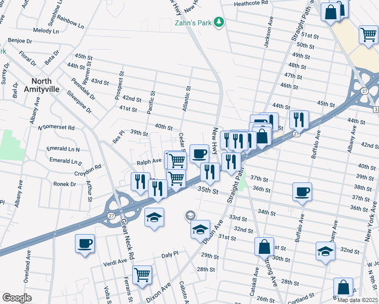 map of restaurants, bars, coffee shops, grocery stores, and more near 131 Cedar Court in Copiague