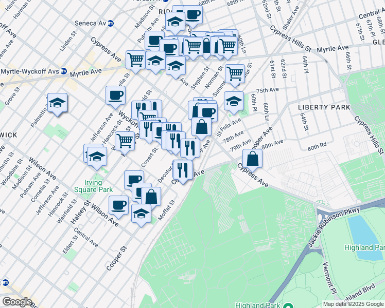 map of restaurants, bars, coffee shops, grocery stores, and more near 16-36 Decatur Street in Queens