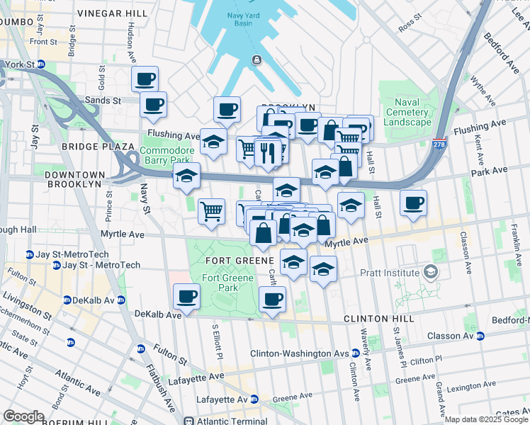 map of restaurants, bars, coffee shops, grocery stores, and more near 2 Carlton Avenue in Brooklyn
