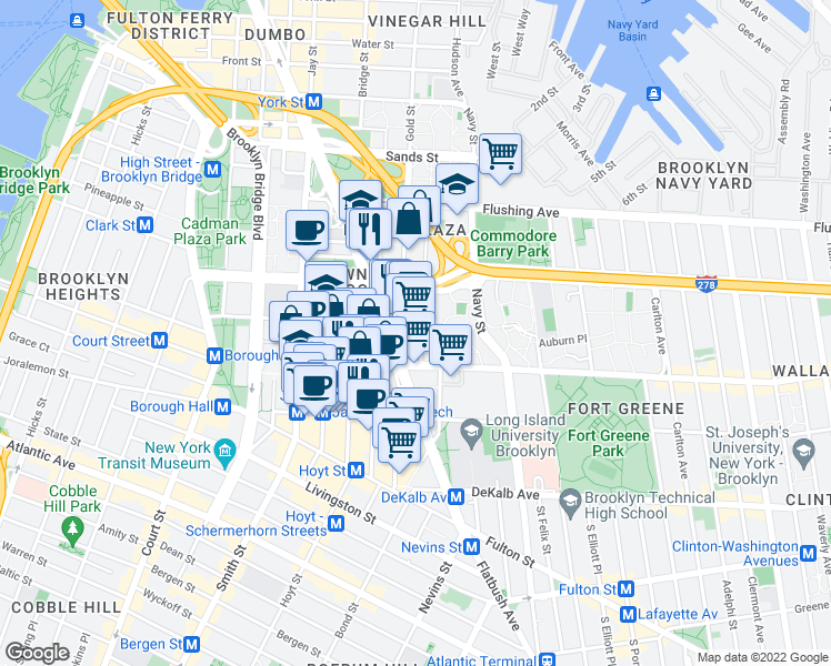map of restaurants, bars, coffee shops, grocery stores, and more near 171 Johnson Street in Brooklyn