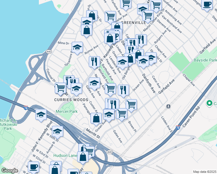 map of restaurants, bars, coffee shops, grocery stores, and more near 68 Bartholdi Avenue in Jersey City