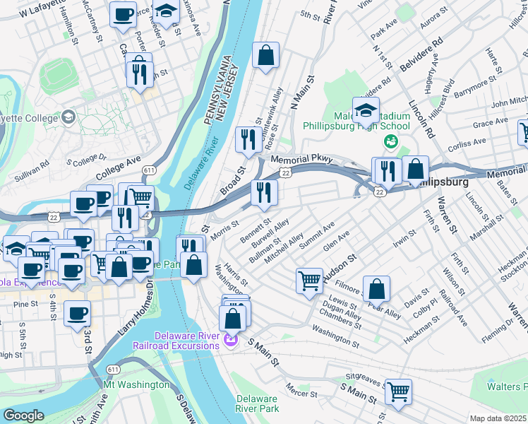 map of restaurants, bars, coffee shops, grocery stores, and more near in Phillipsburg