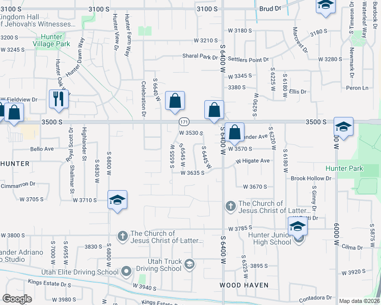 map of restaurants, bars, coffee shops, grocery stores, and more near 3584 South 6505 West in West Valley City