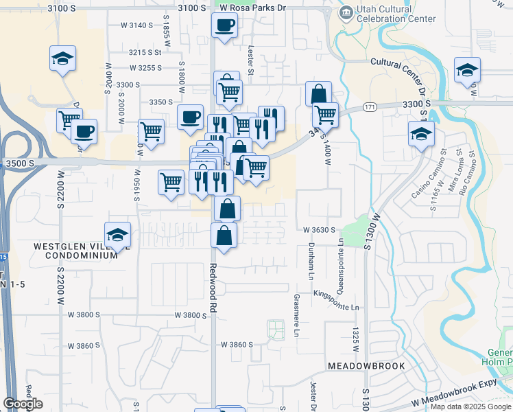 map of restaurants, bars, coffee shops, grocery stores, and more near 3587 South Zinc Way in West Valley City