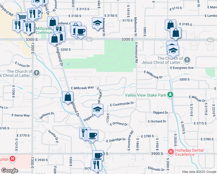 map of restaurants, bars, coffee shops, grocery stores, and more near 1726 East Millcreek Way in Salt Lake City