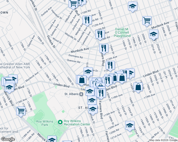 map of restaurants, bars, coffee shops, grocery stores, and more near 188-15 Tioga Drive in Queens