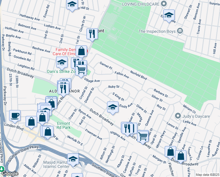 map of restaurants, bars, coffee shops, grocery stores, and more near 30 Ruby Street in Elmont
