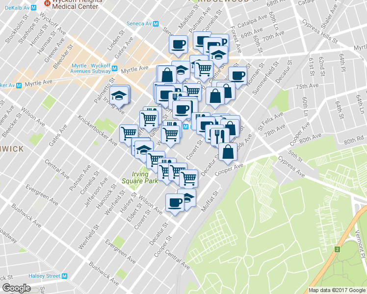 map of restaurants, bars, coffee shops, grocery stores, and more near 1001 Irving Avenue in Queens