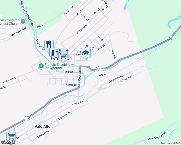 map of restaurants, bars, coffee shops, grocery stores, and more near 55 East Washington Street in Port Carbon