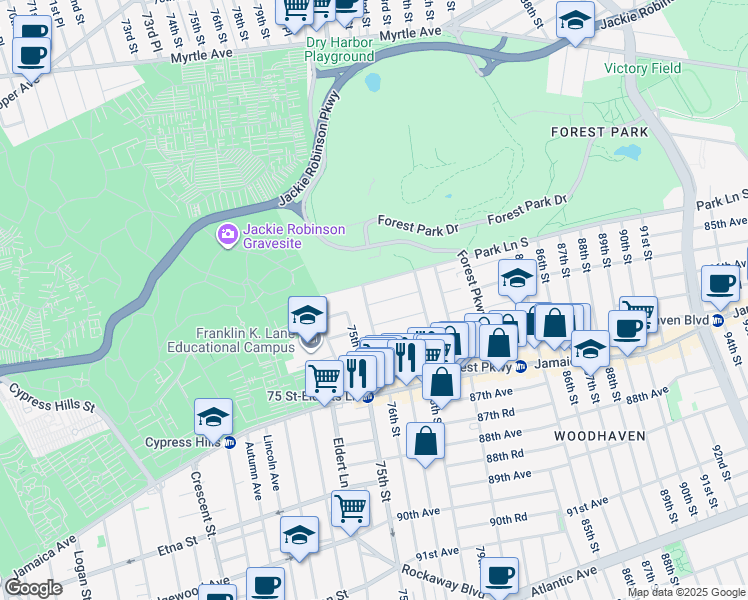 map of restaurants, bars, coffee shops, grocery stores, and more near 76-9 85th Road in Queens